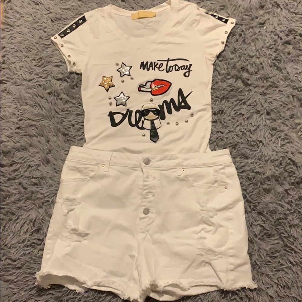 white t-shirt and jeans shorts set